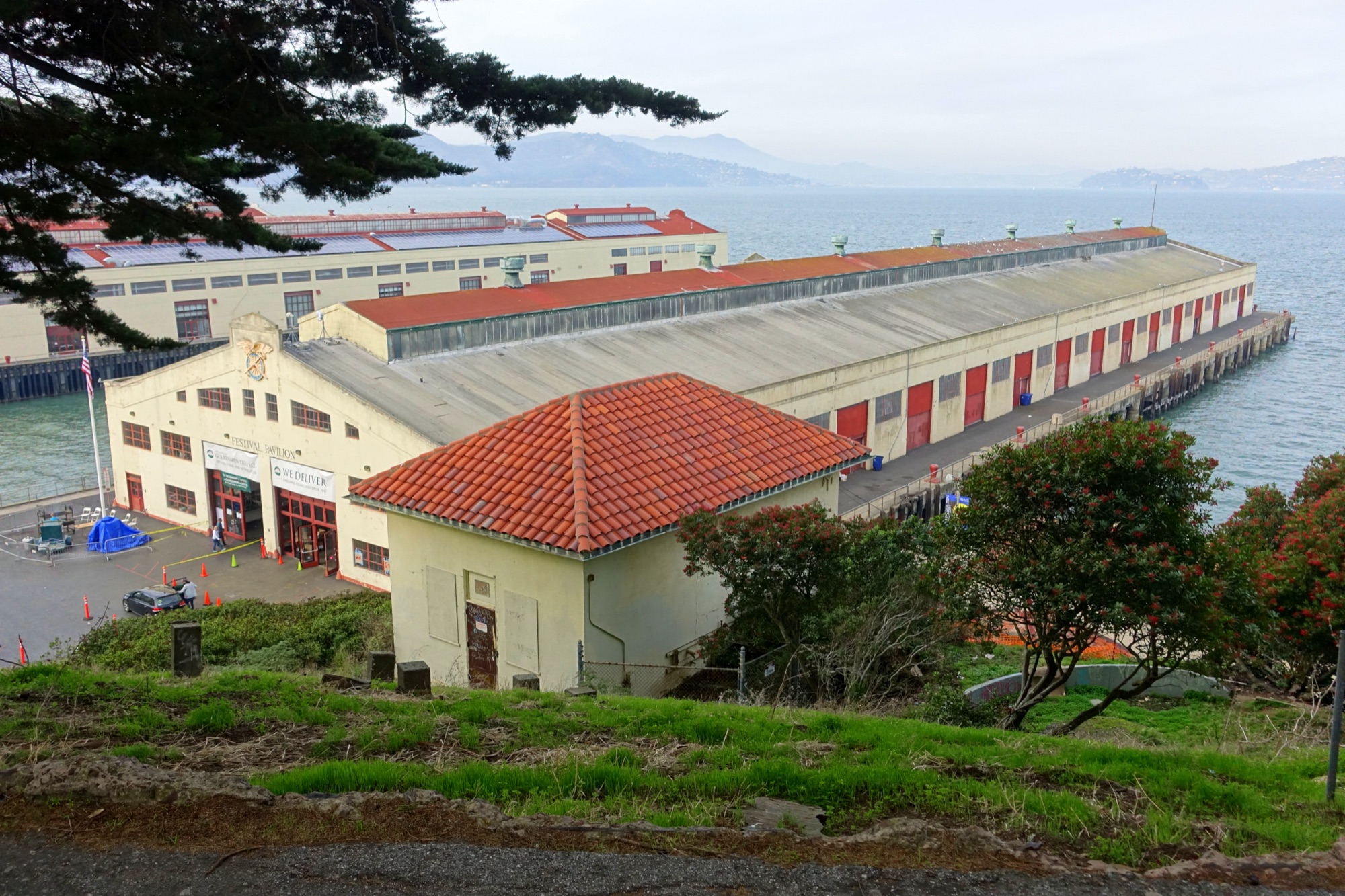 The Festival Pavilion at Fort Mason Center on San Francisco Bay, seen from the hill above