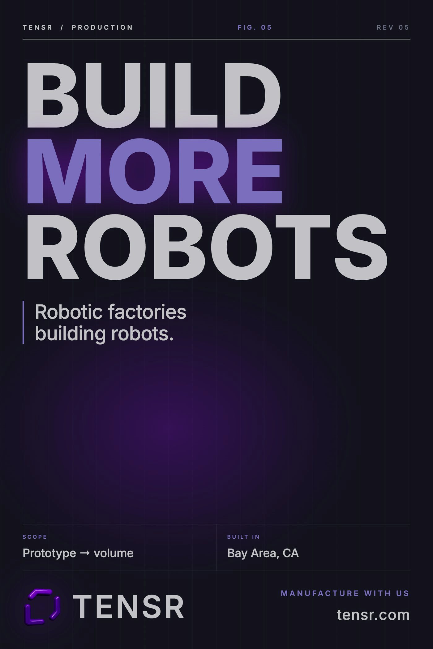 Build More Robots poster: robotic factories building robots, prototype to volume, Bay Area, CA